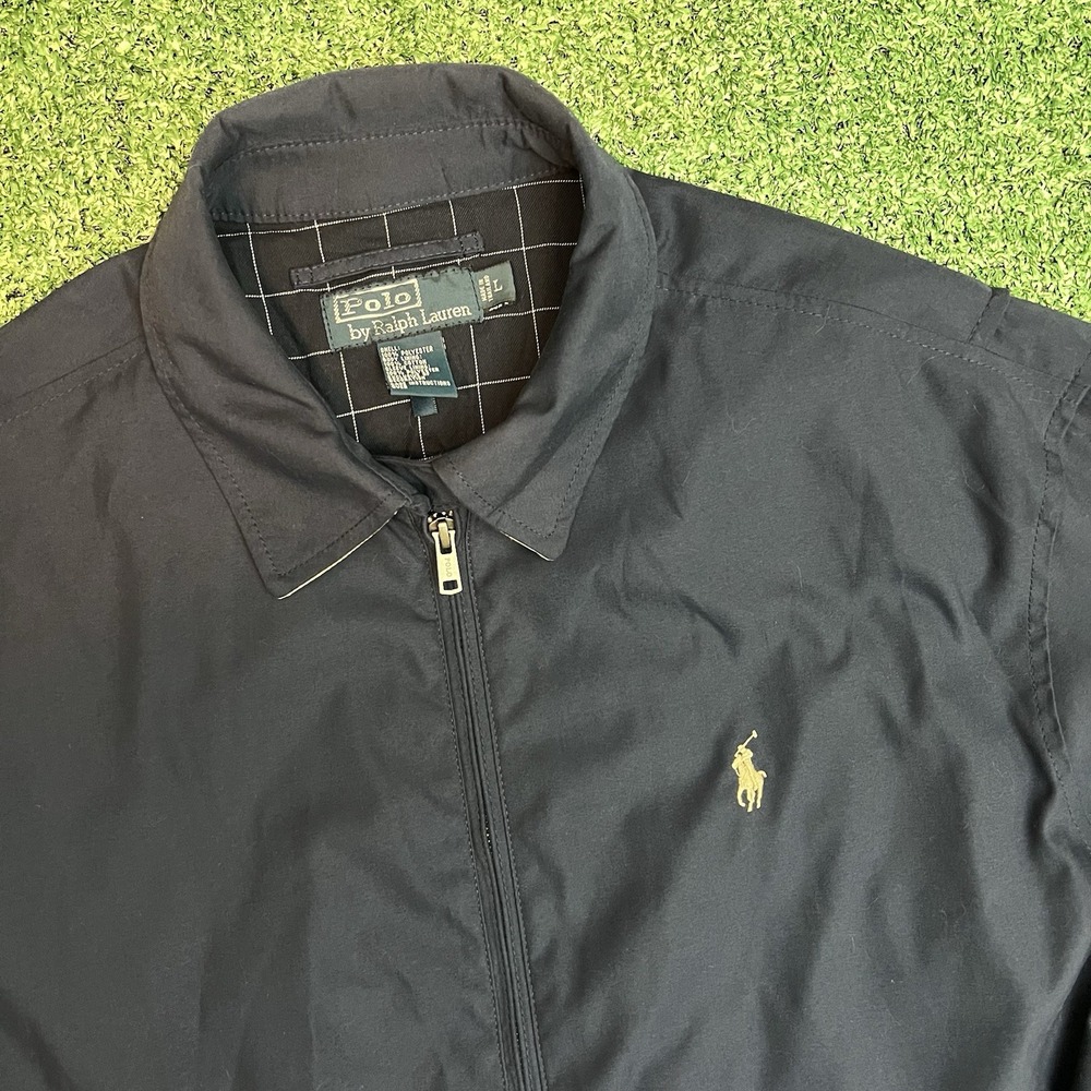 Polo Ralph Lauren Large Navy Blue Harrington Jacket Plaid Lined Full Zip Preppy
